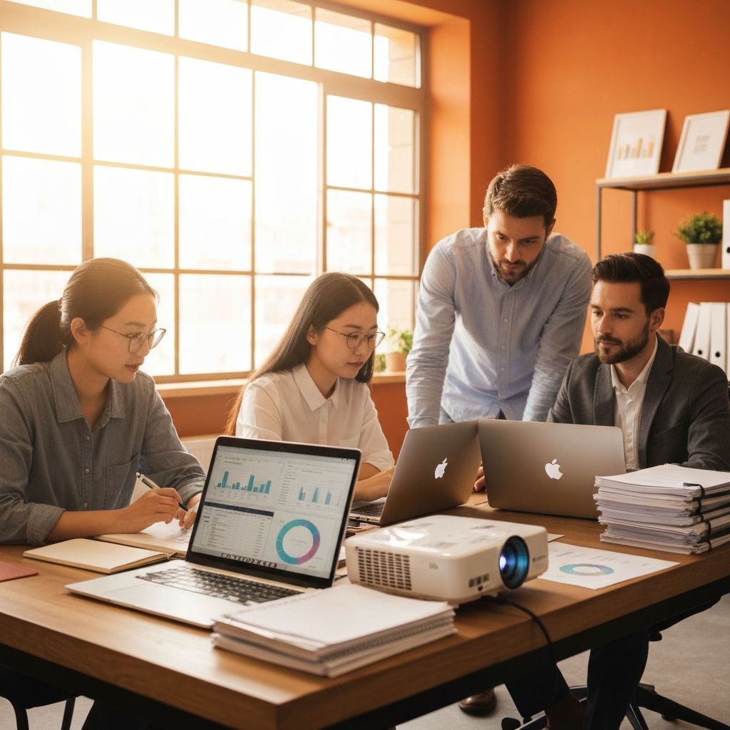 Fundadores de startups tecnológicas revisando métricas financieras y preparando presentación para inversores en oficina moderna