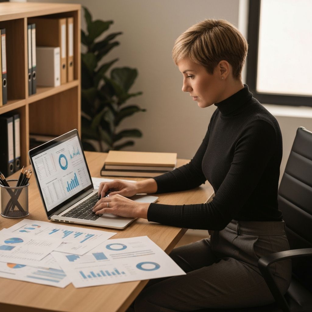 Fundador de startup trabajando en laptop con documentos financieros y reportes de métricas clave esparcidos sobre mesa de oficina